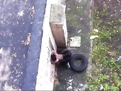 Cuckold watches his wife get fucked hard behind their house